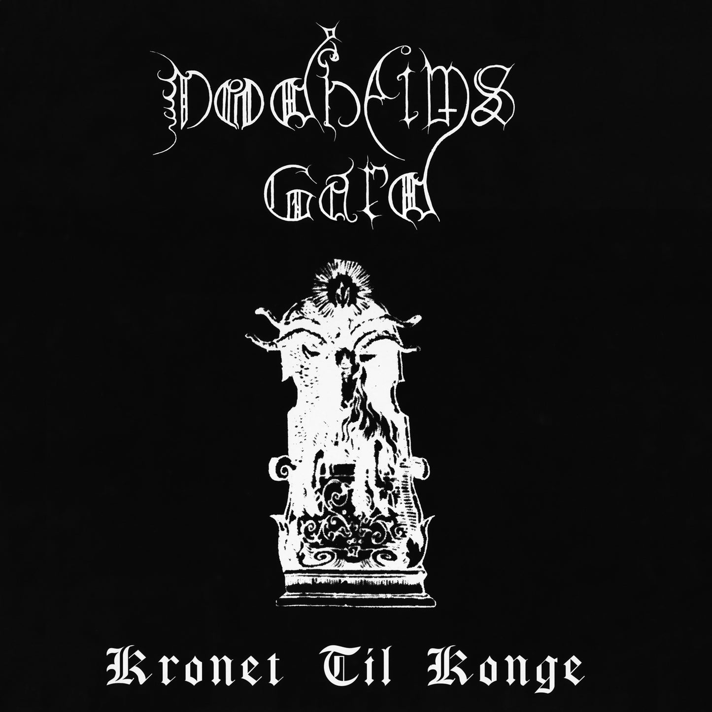 Black and white album cover with ornate text and a figure in a niche.
