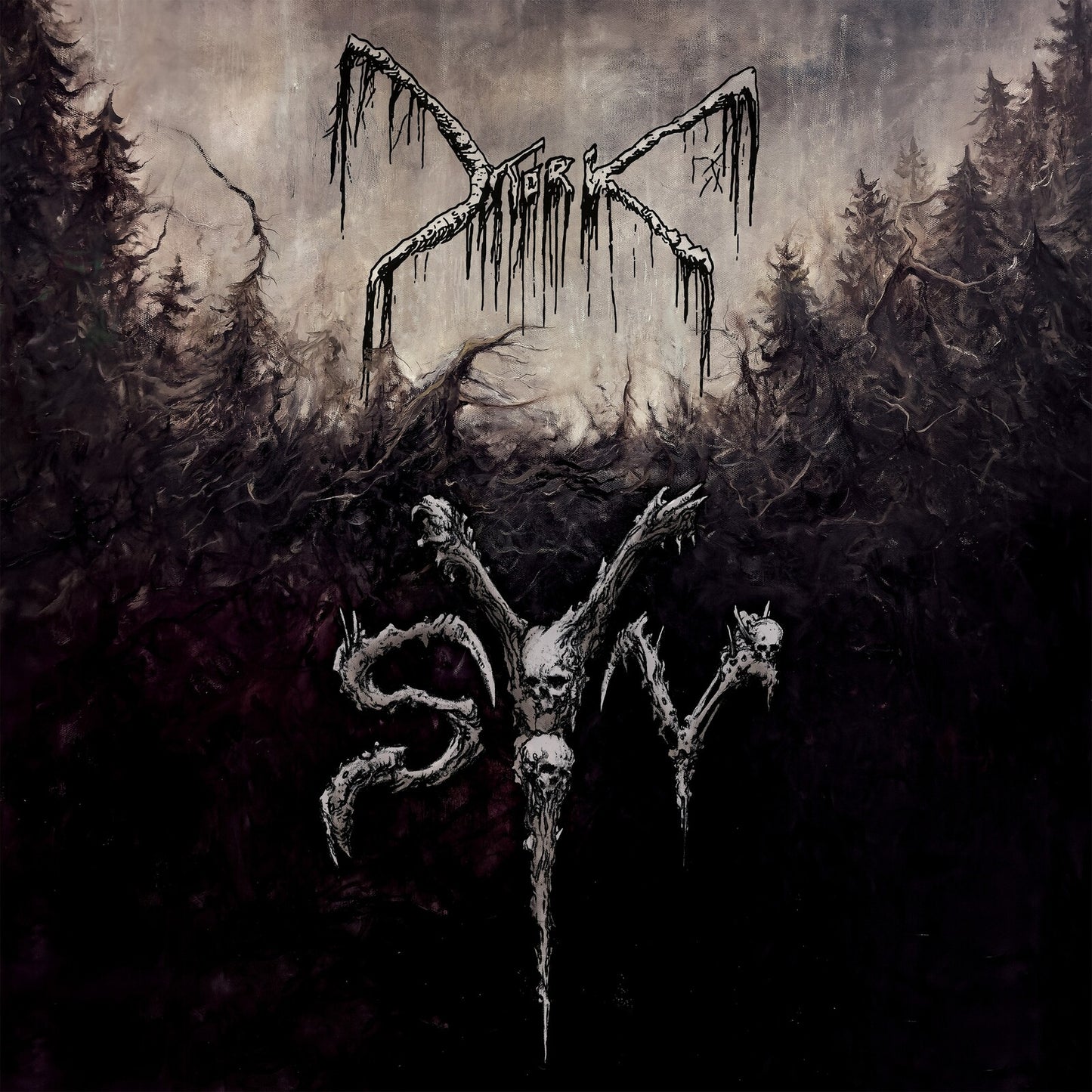 Dark album cover with skeletal figures and forest imagery, titled "Syv.