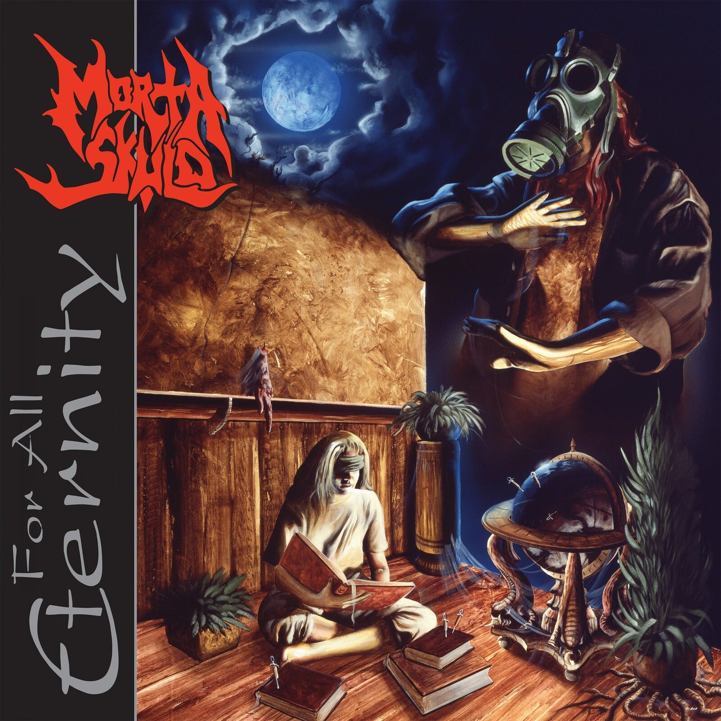 Dark fantasy album cover with figures in gas masks and cloaks.