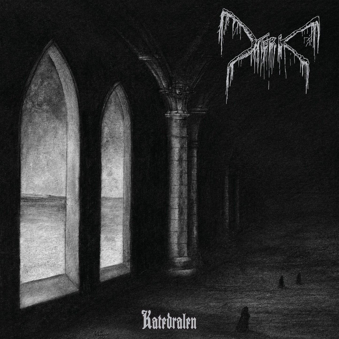 Black and white illustration of a cathedral interior with band logo.