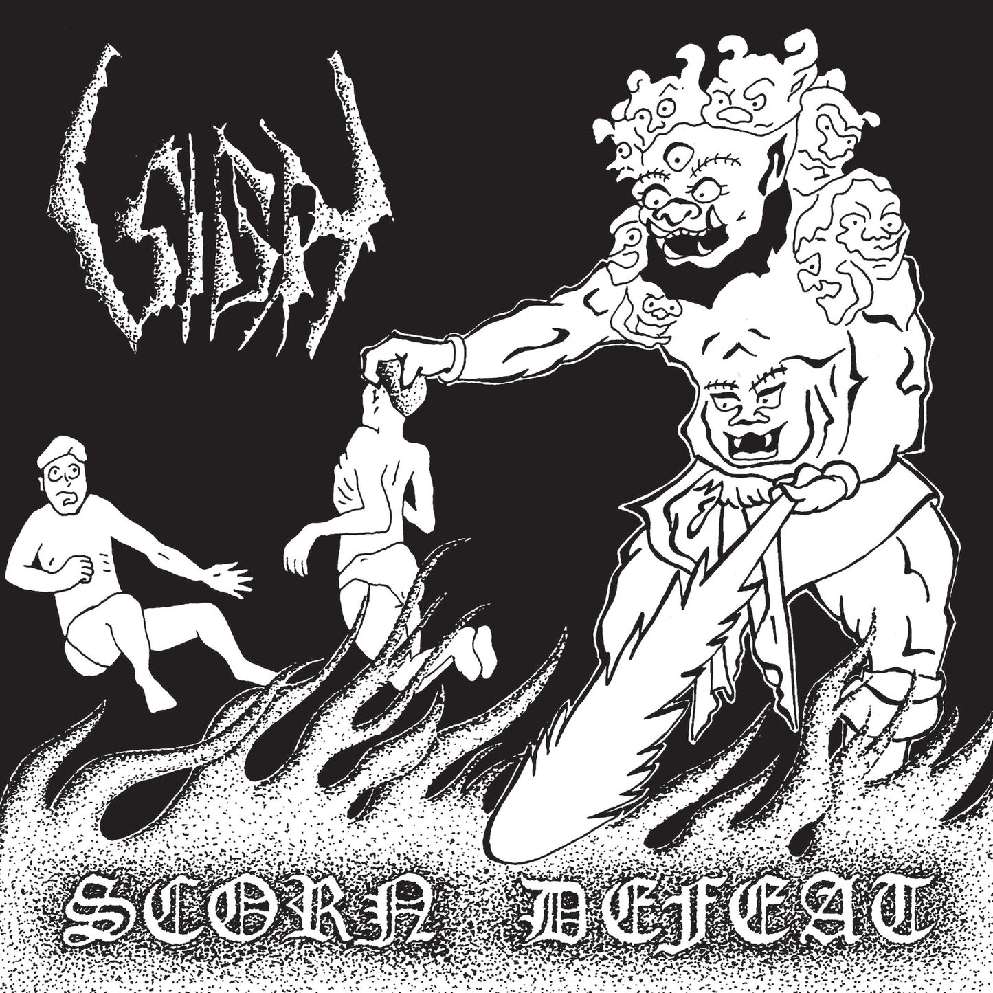 Black and white album cover with distorted figures and swirling lines.