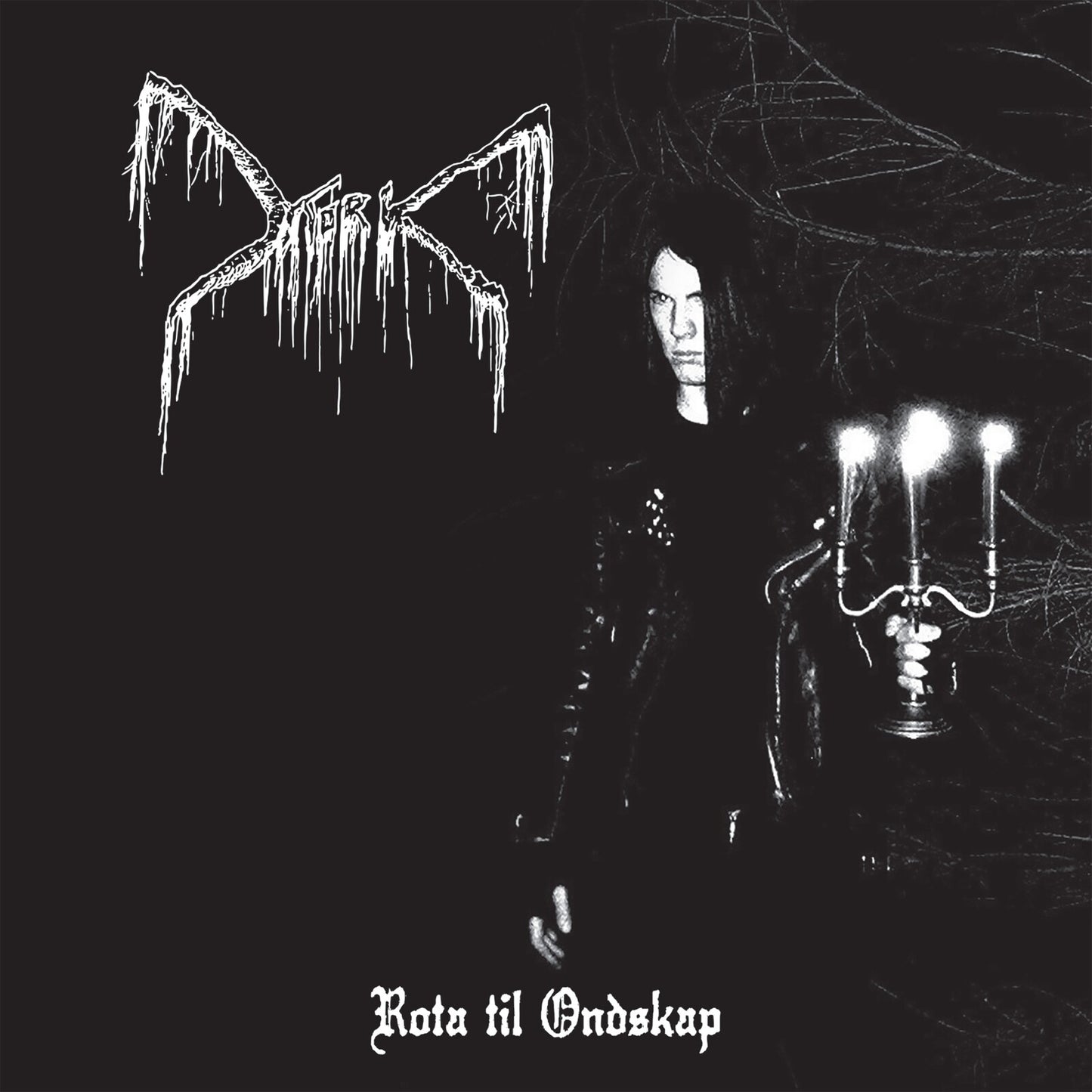 Black and white album cover with band logo, person, and candelabra.