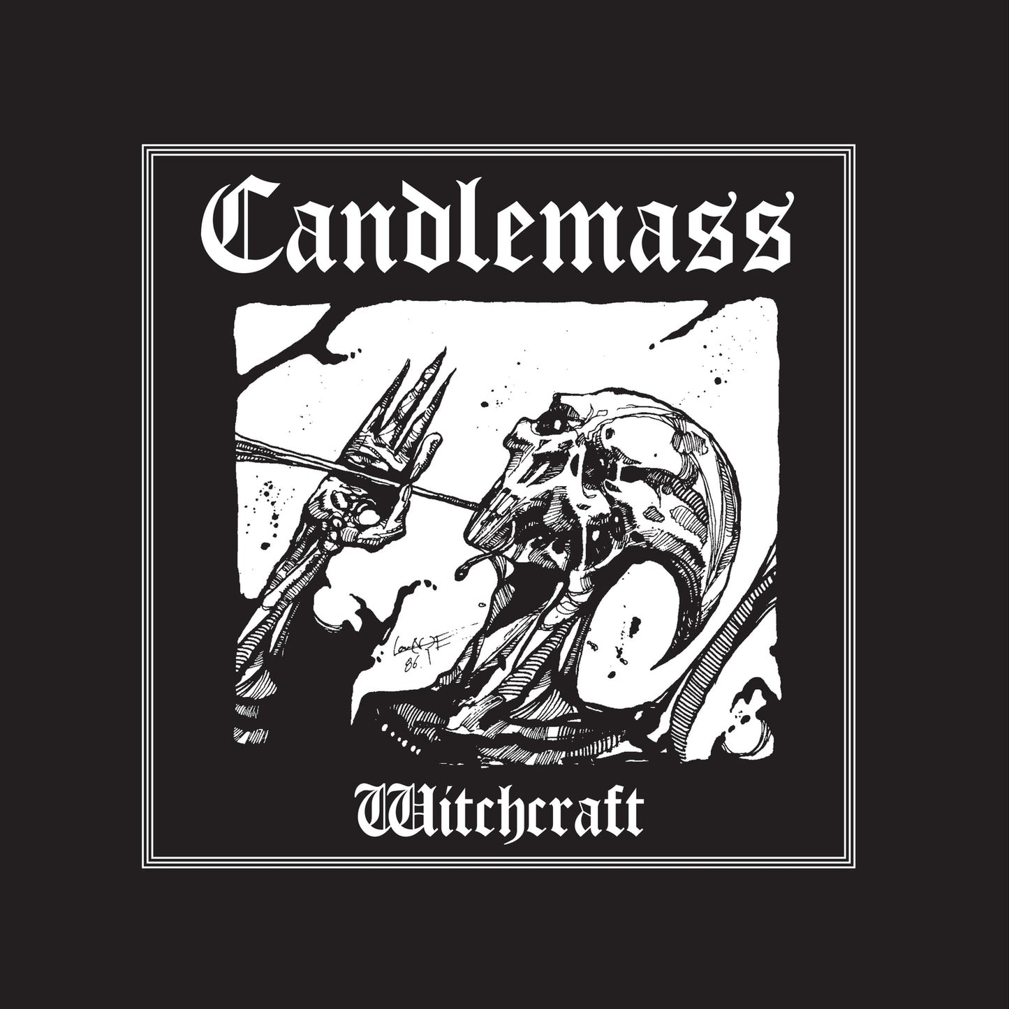 Black and white album cover for Candlemass’ “Witchcraft” with skeletal imagery.