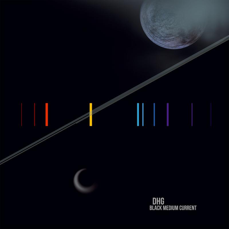 Black album cover with a planet, crescent moon, and colorful lines.