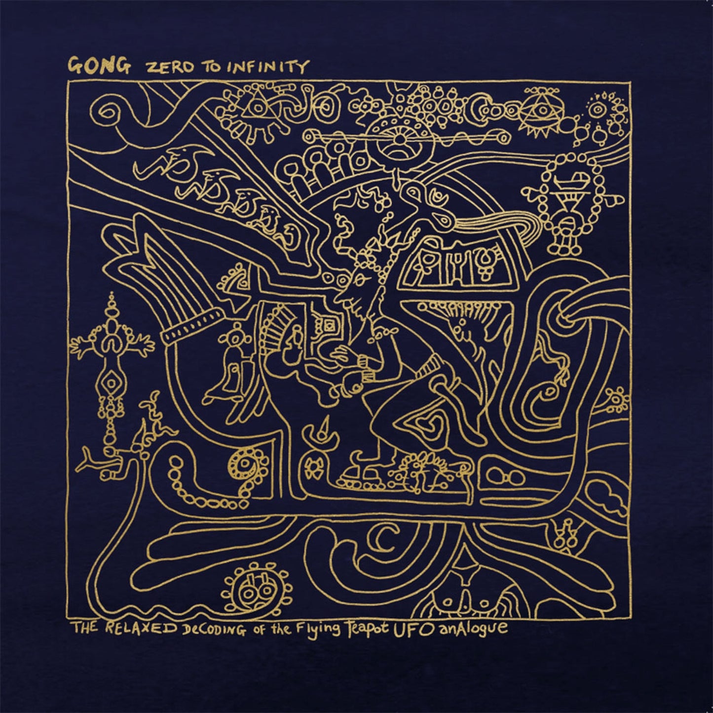 Gold line art of a teapot and abstract shapes on a dark background.