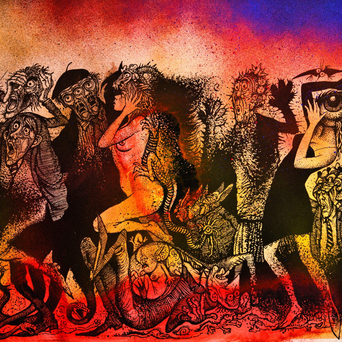 Detailed, textured illustration of figures in a fiery, surreal landscape.
