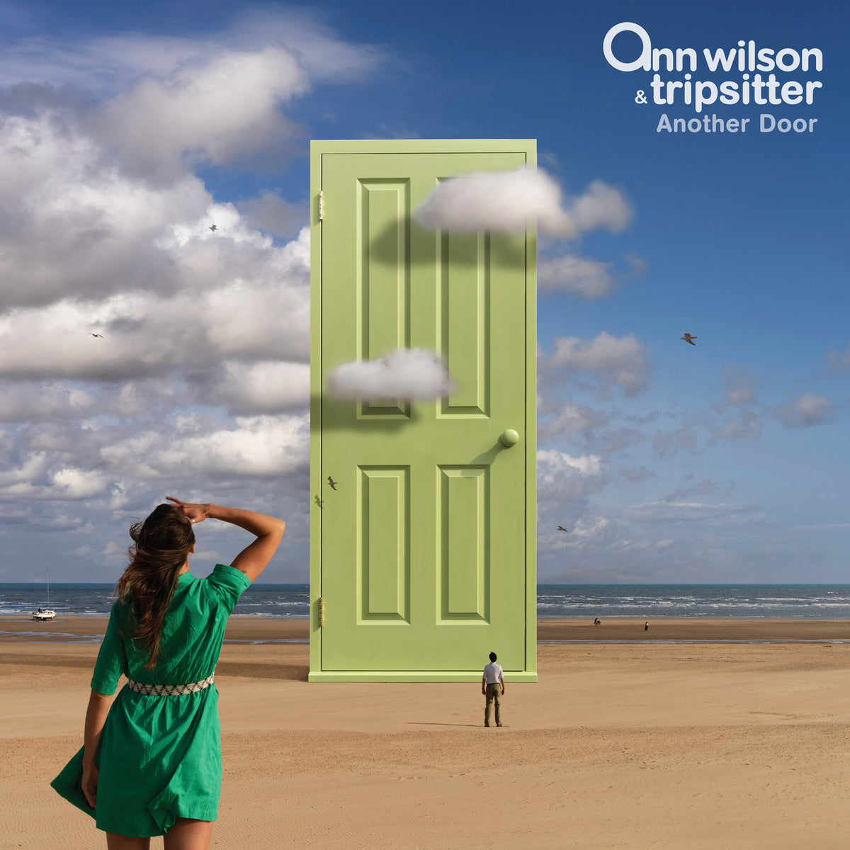 Album cover: green door with clouds, figures on a beach, blue sky.