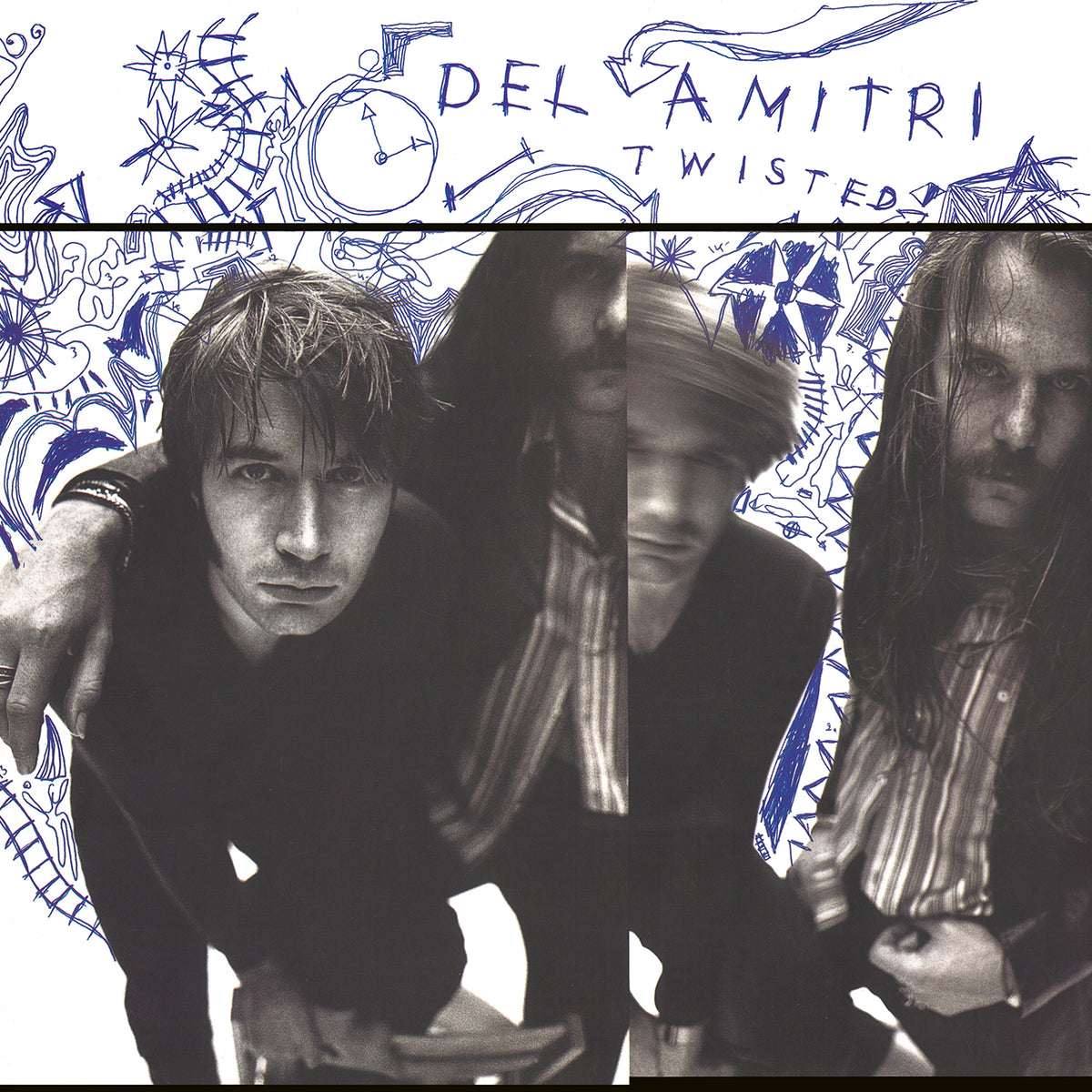 Black and white album cover featuring three people with sketched designs.