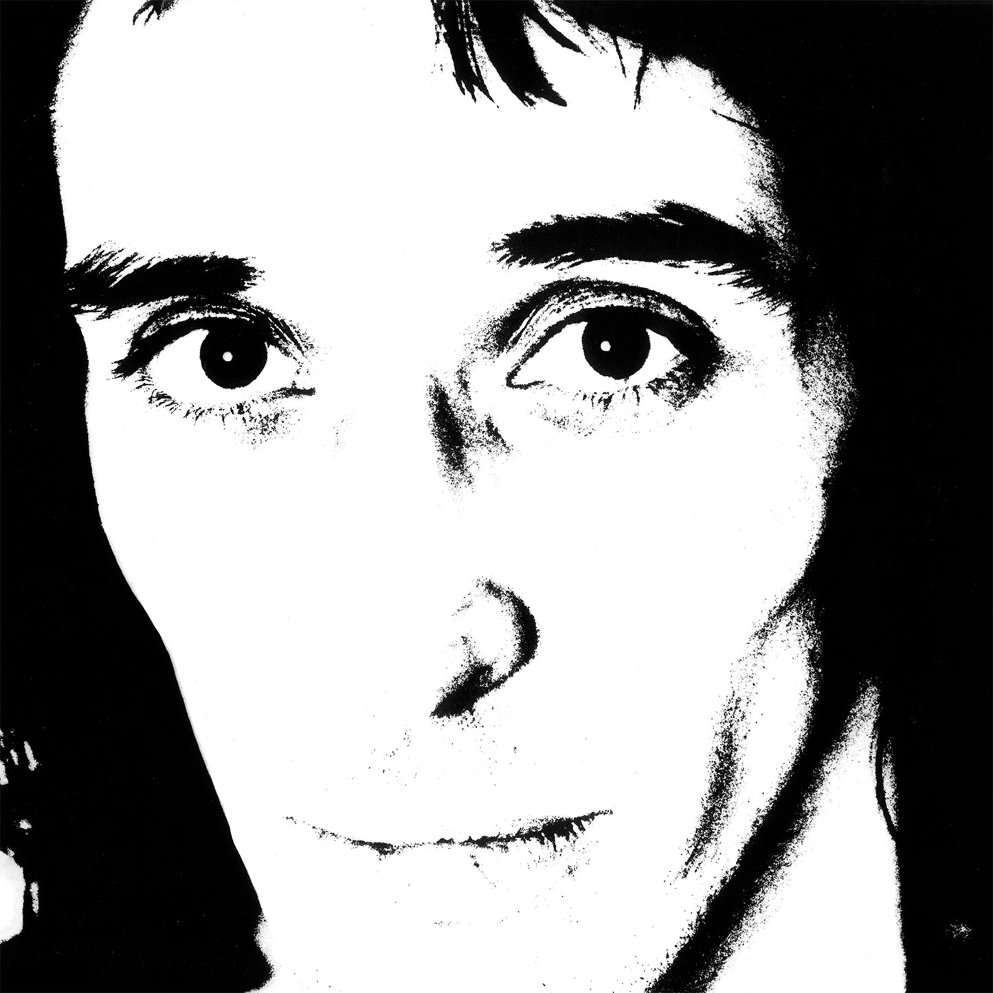 High-contrast black and white close-up portrait of a person's face.