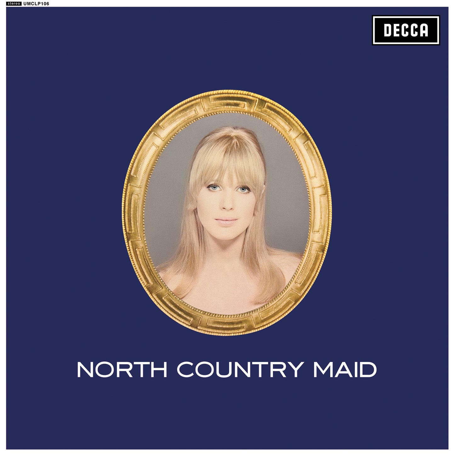 Marianne Faithfull album cover, portrait in ornate gold frame, dark blue background.