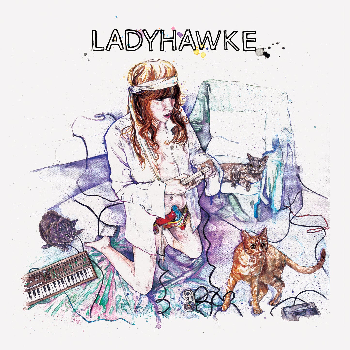 Painted album cover featuring a woman with cats and musical equipment.