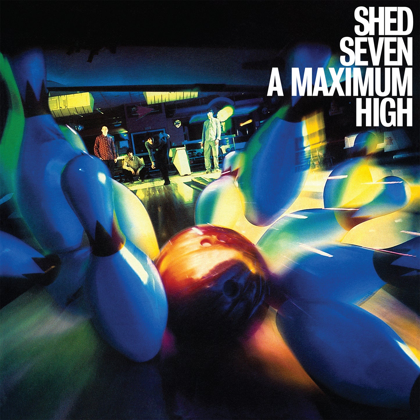 Shed Seven album cover, "A Maximum High", featuring a bowling alley scene.