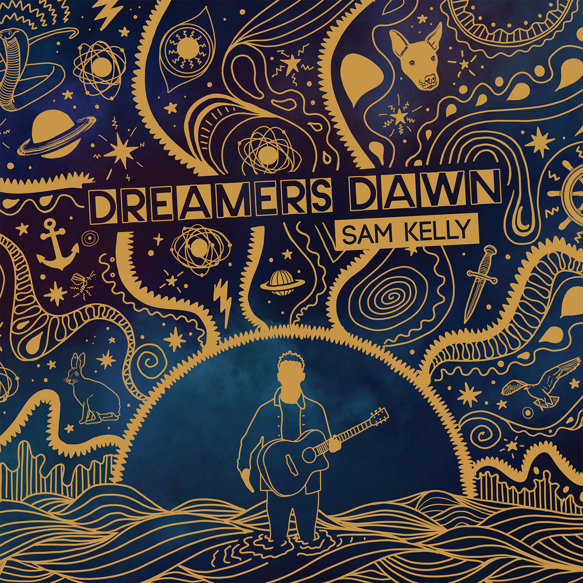Vinyl record cover with golden line art of a musician and celestial objects.