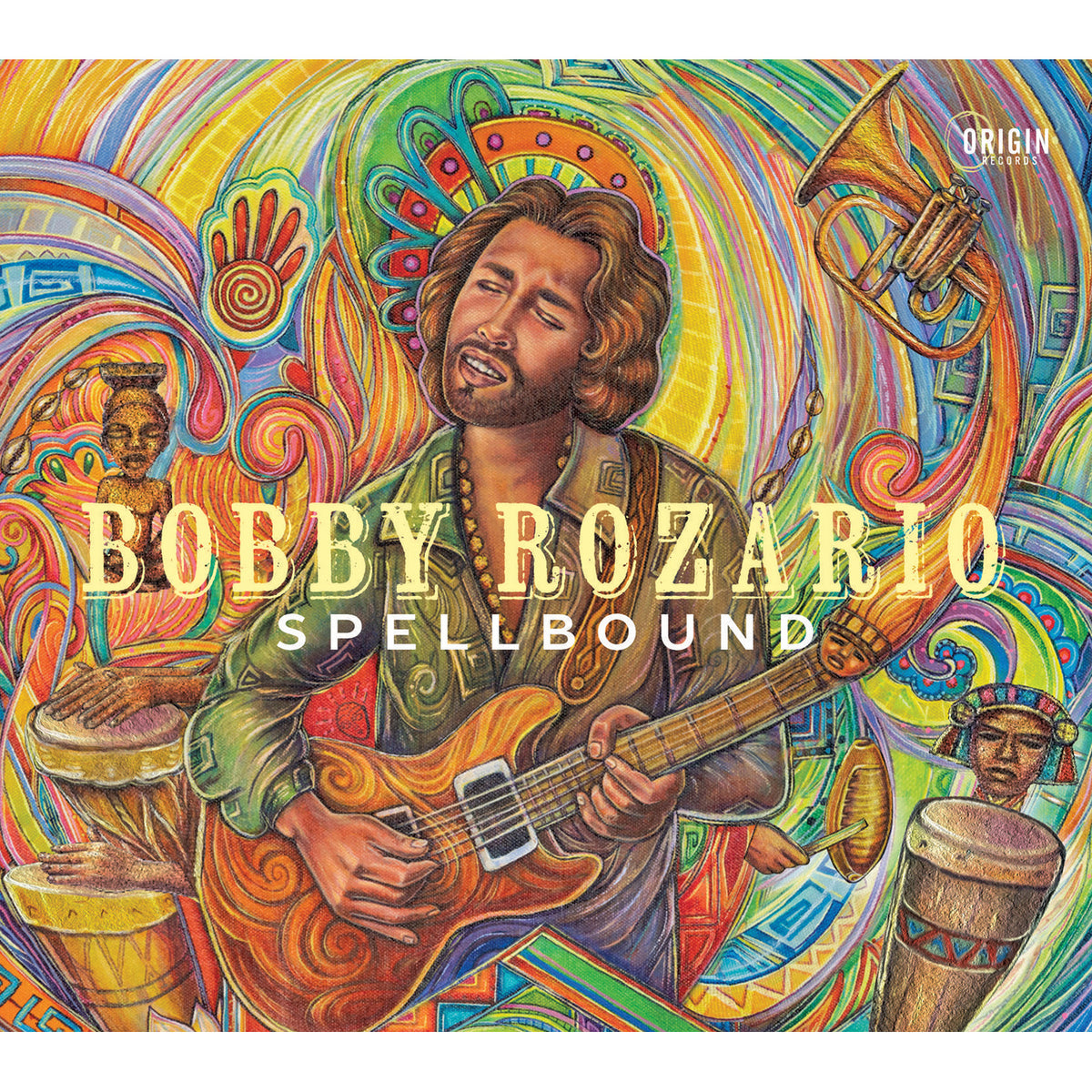 CD cover for Bobby Rozario’s “Spellbound” featuring a guitarist and vibrant art.