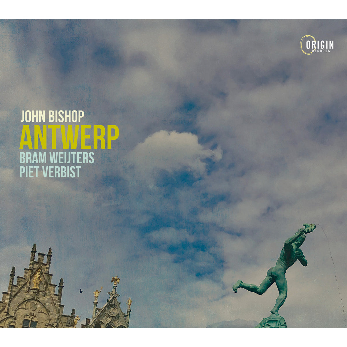 CD cover for John Bishop’s “Antwerp” featuring city architecture and a statue.