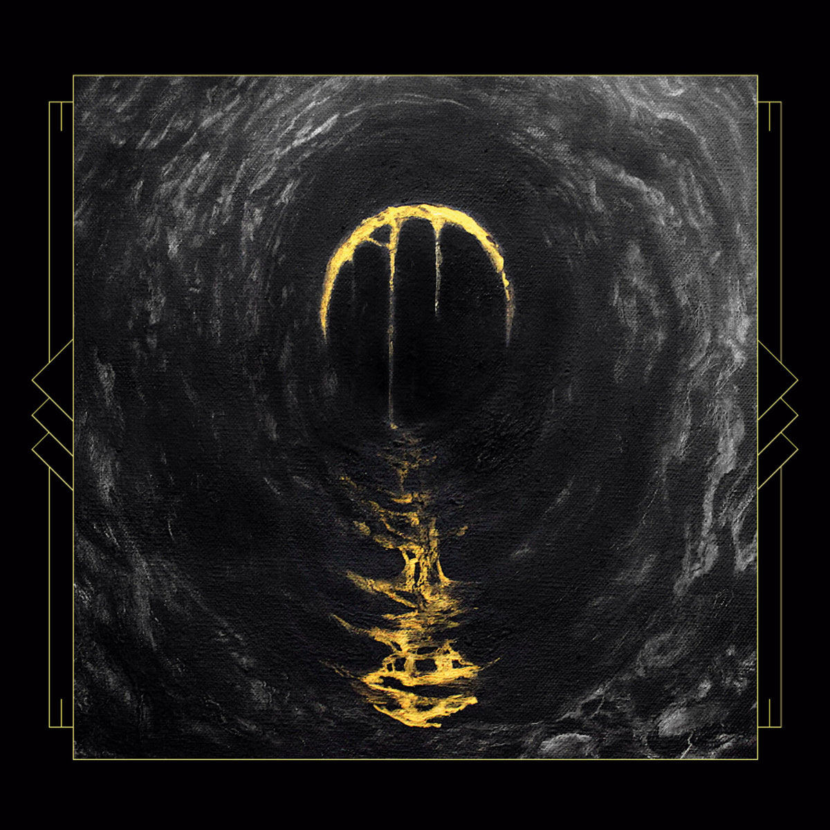 Dark abstract painting with a golden, glowing tunnel or cave shape.