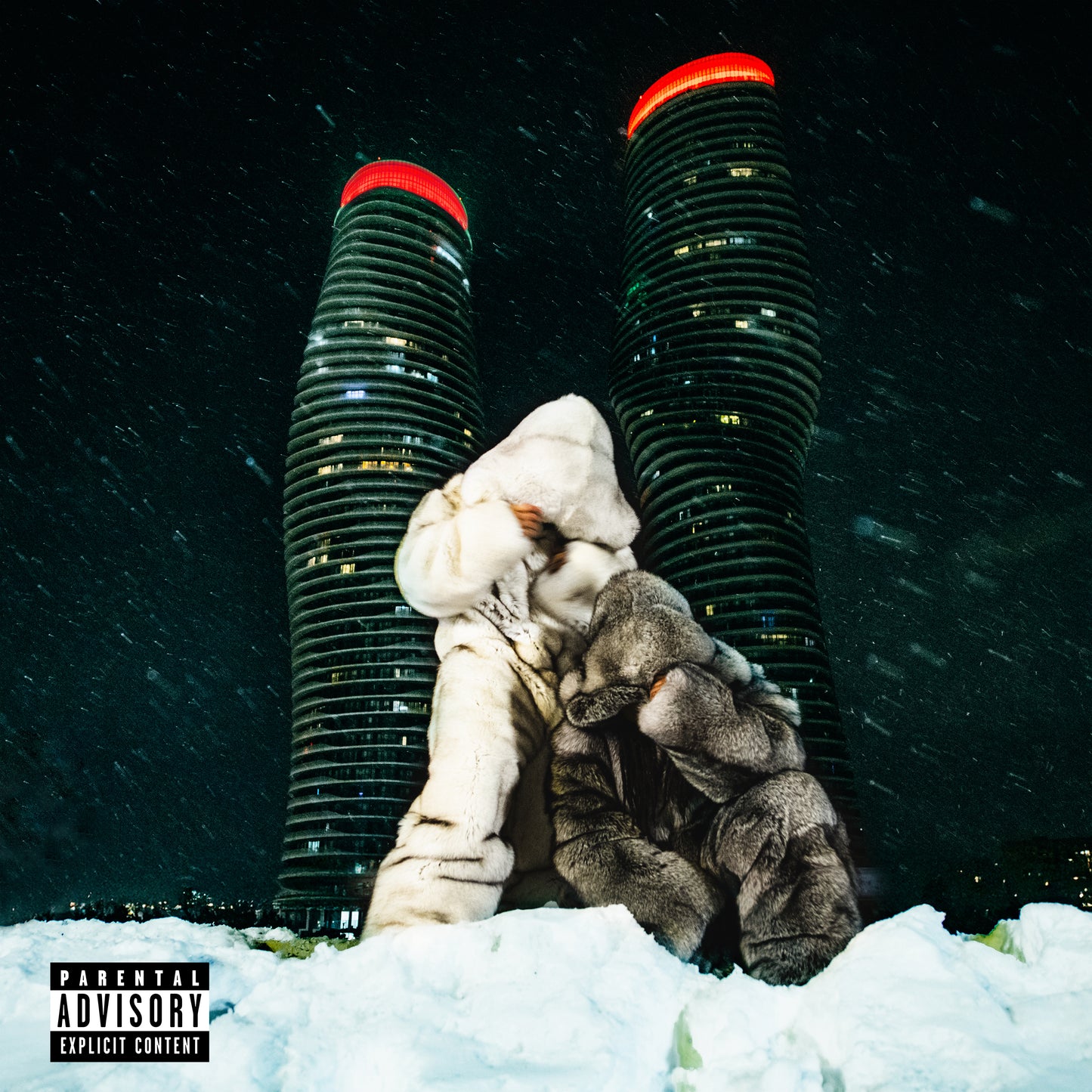 Album cover with two skyscrapers and a teddy bear in snow.
