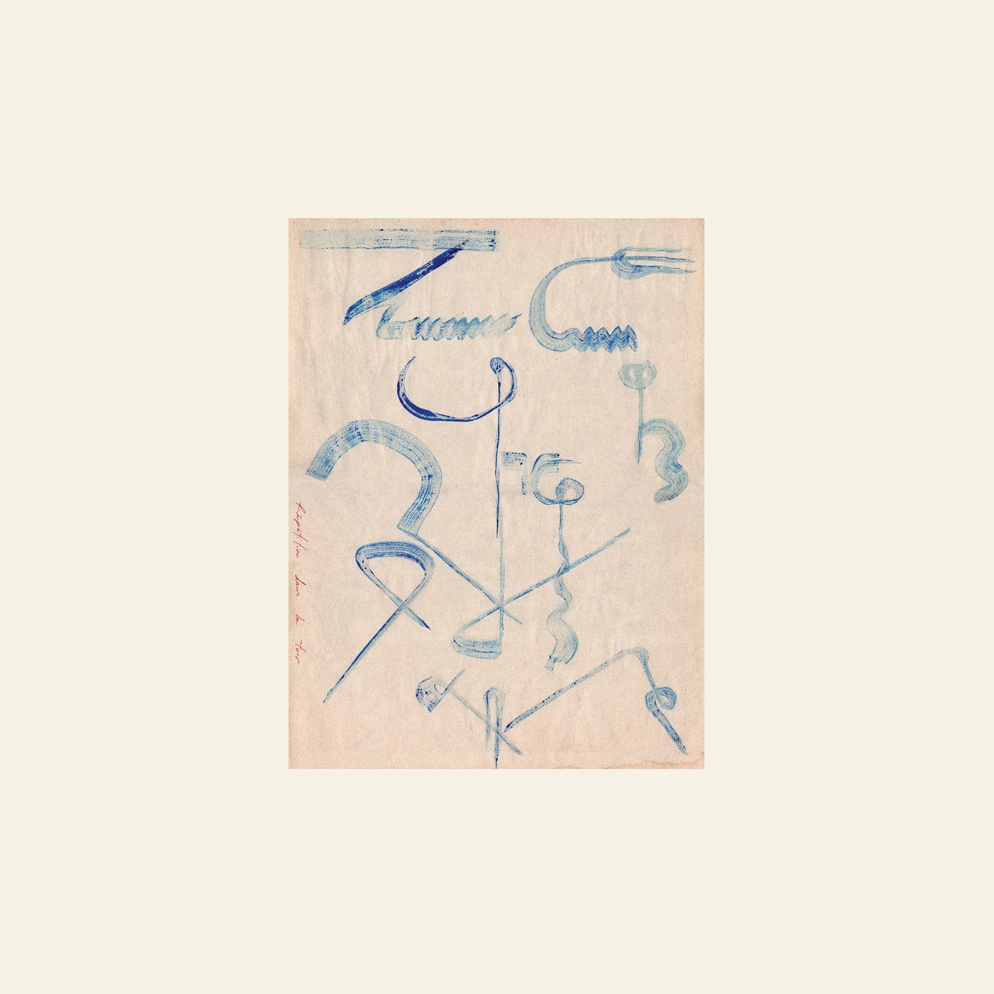 Abstract blue brushstrokes and scribbles on a textured cream-colored paper background.