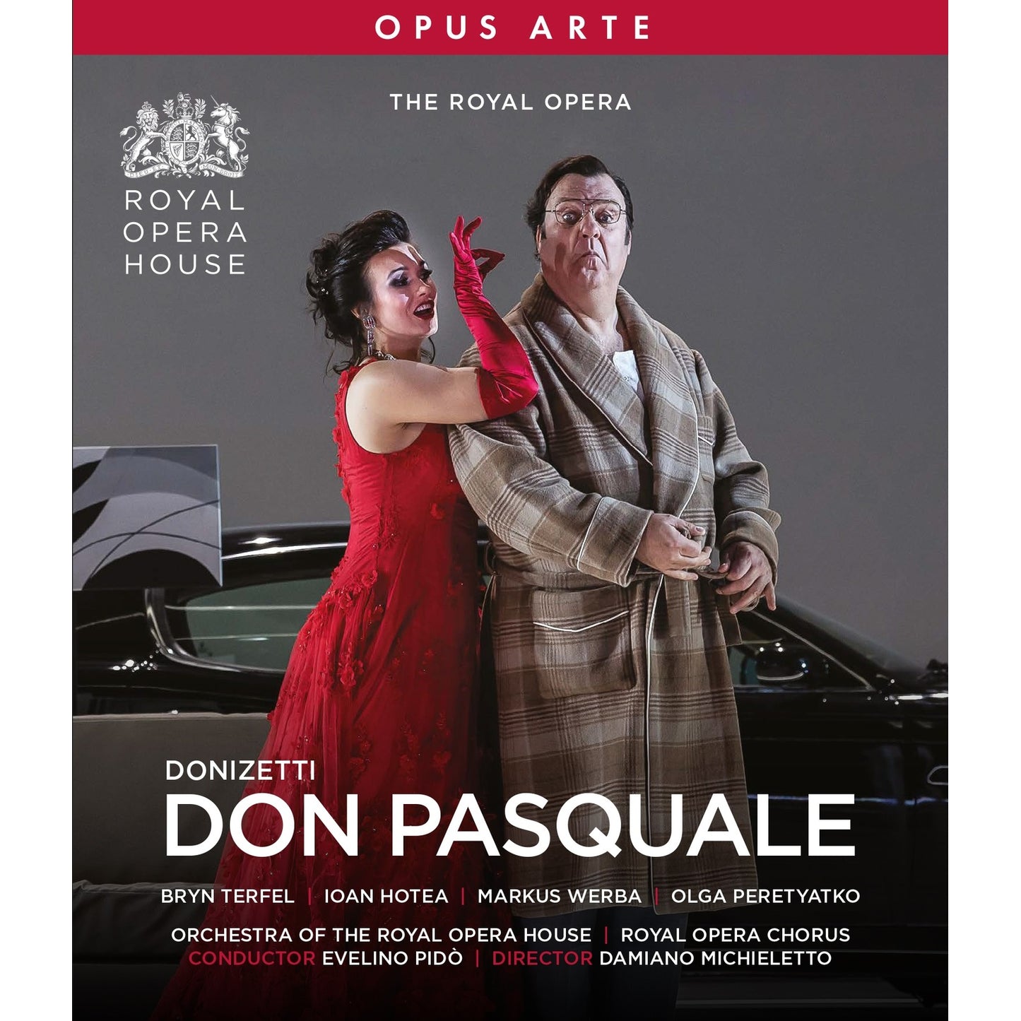 Blu-ray cover for Donizetti’s opera *Don Pasquale* featuring two performers.