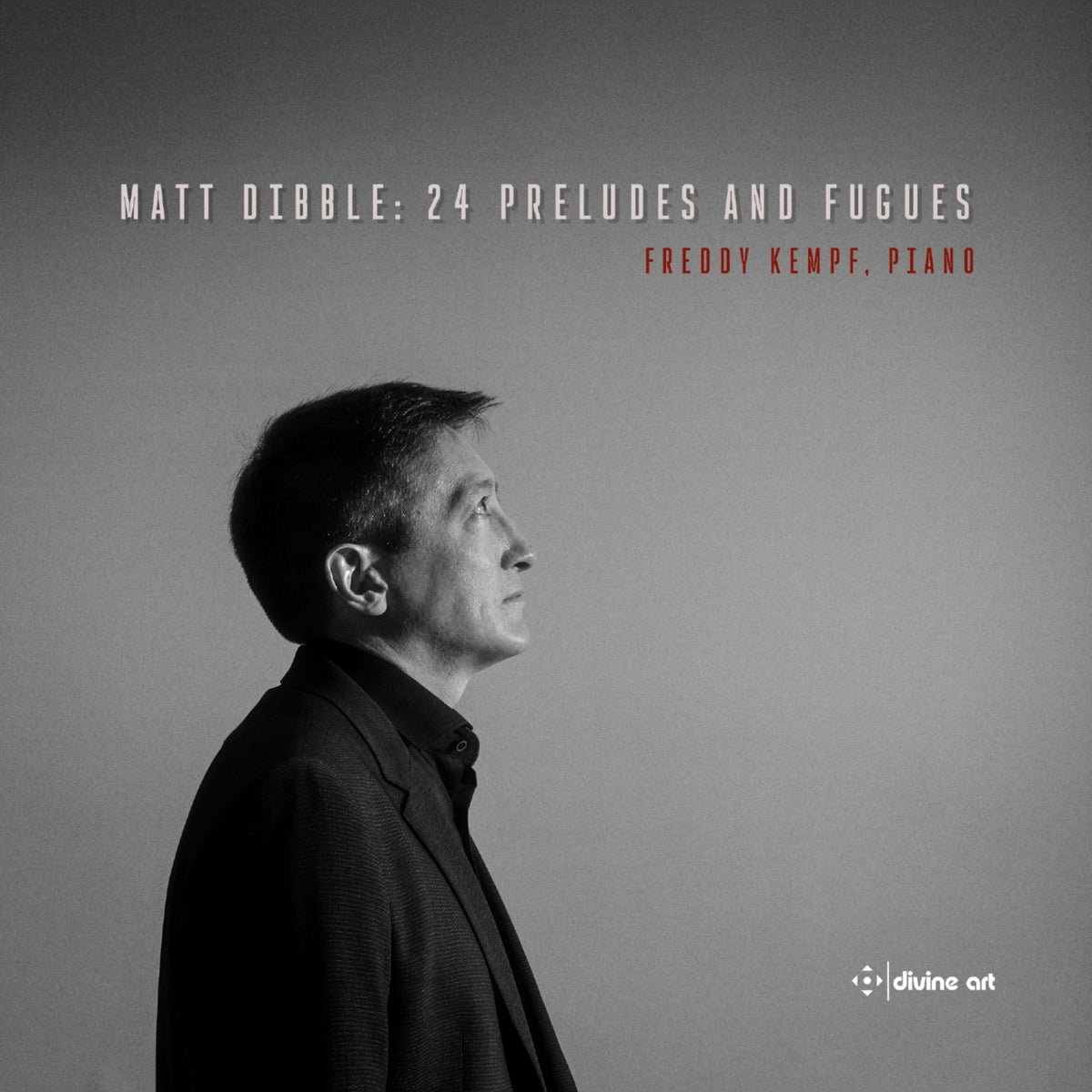 Black and white portrait of Freddy Kempf, album cover for piano preludes/fugues.