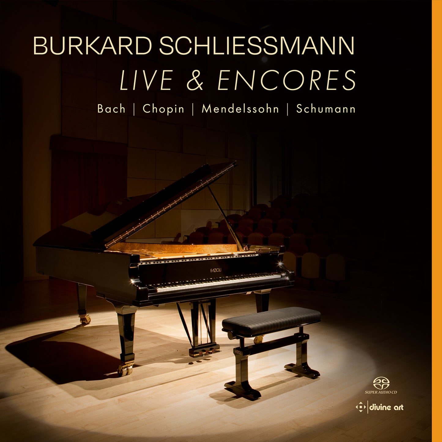 Black CD cover featuring a grand piano on a stage, illuminated spotlight.