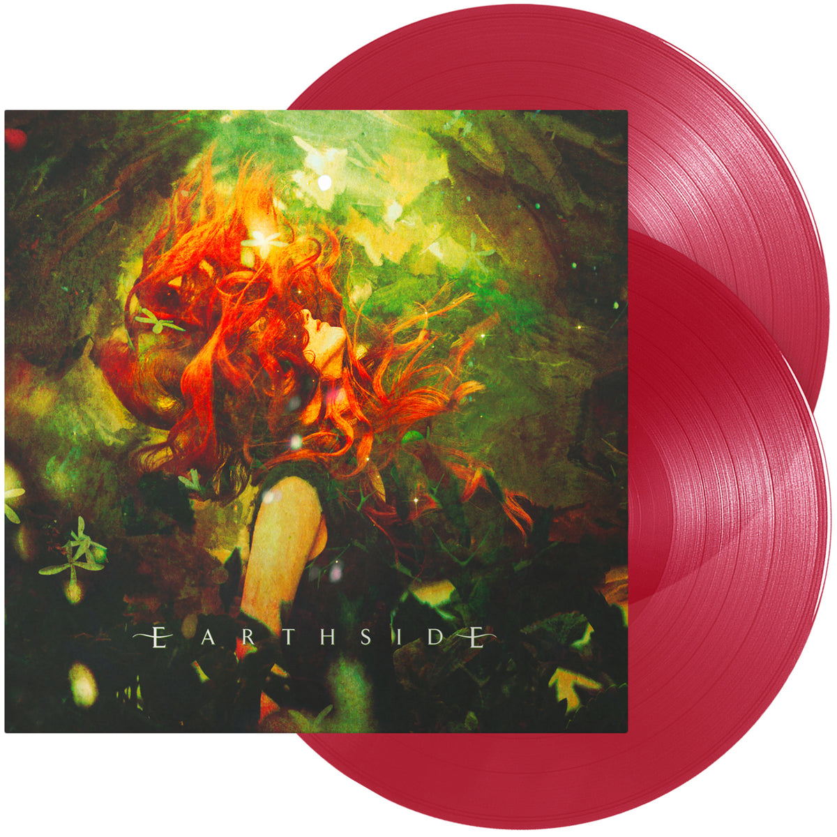 Two red vinyl records with cover art depicting a woman in a forest.