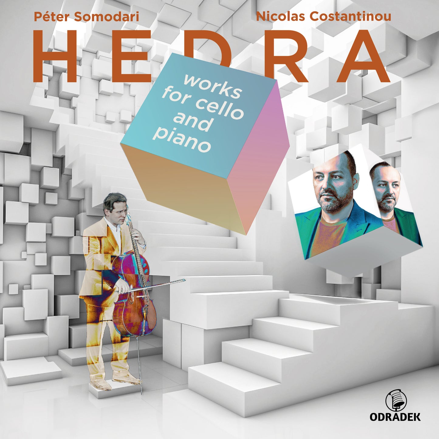 CD cover for Nicolas Costantinou’s “HEDRA” featuring musicians and abstract stairs.