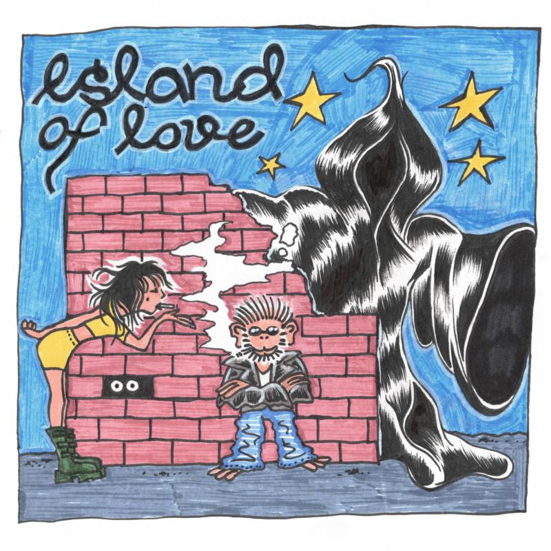 Hand-drawn album cover with figures, a brick wall, and stars.