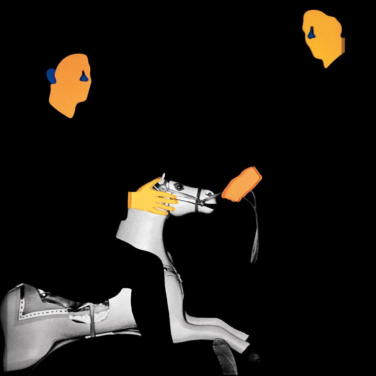 Collage of a person on a horse, with orange and blue shapes.