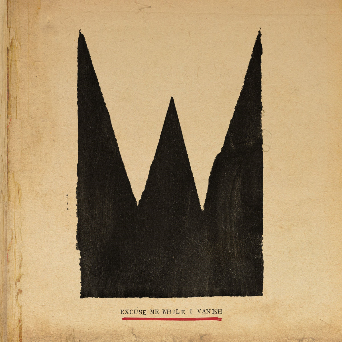 Black crown graphic on aged beige background with red text below.