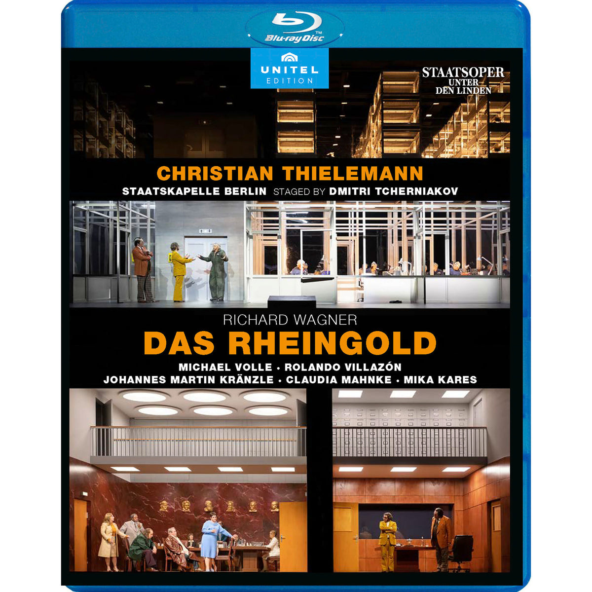 Blu-ray cover for Wagner’s *Das Rheingold* opera, featuring stage scenes.