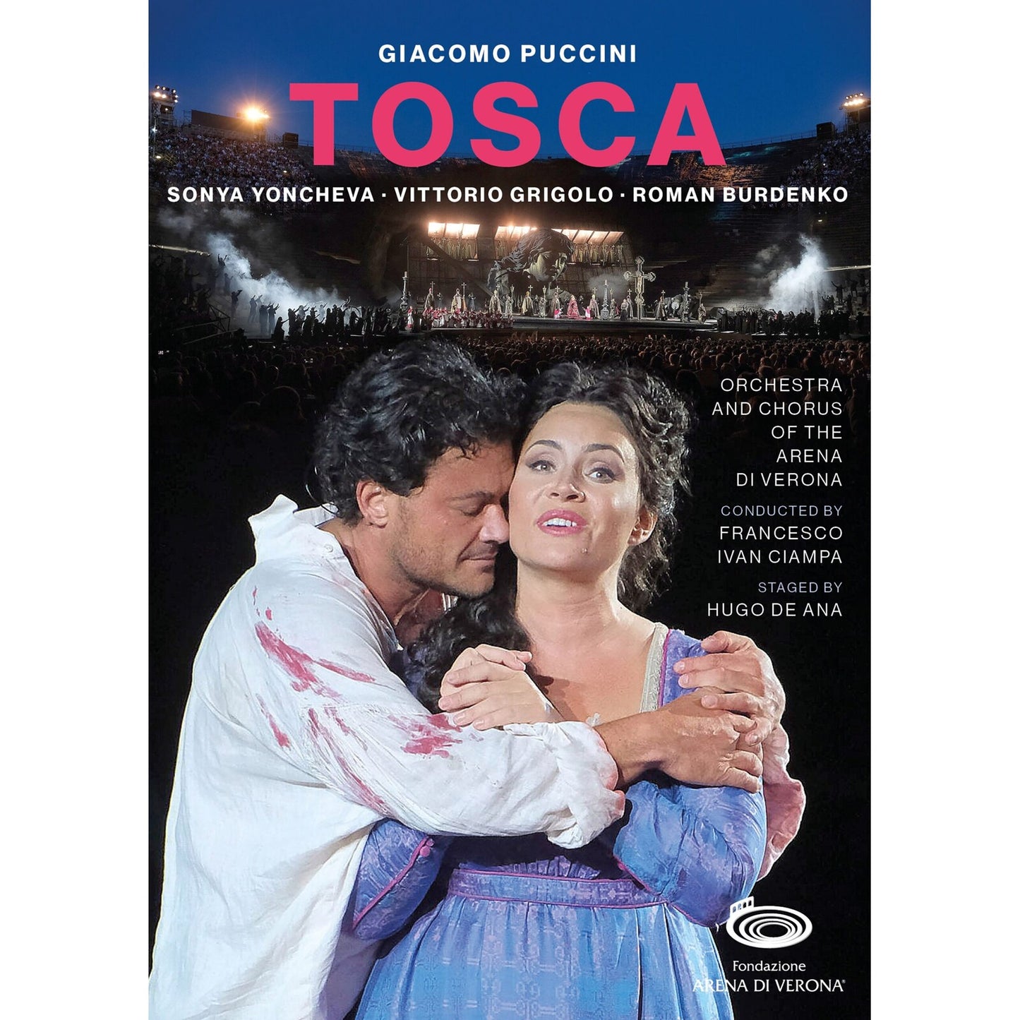 DVD cover for Puccini’s opera *Tosca* featuring two singers onstage.