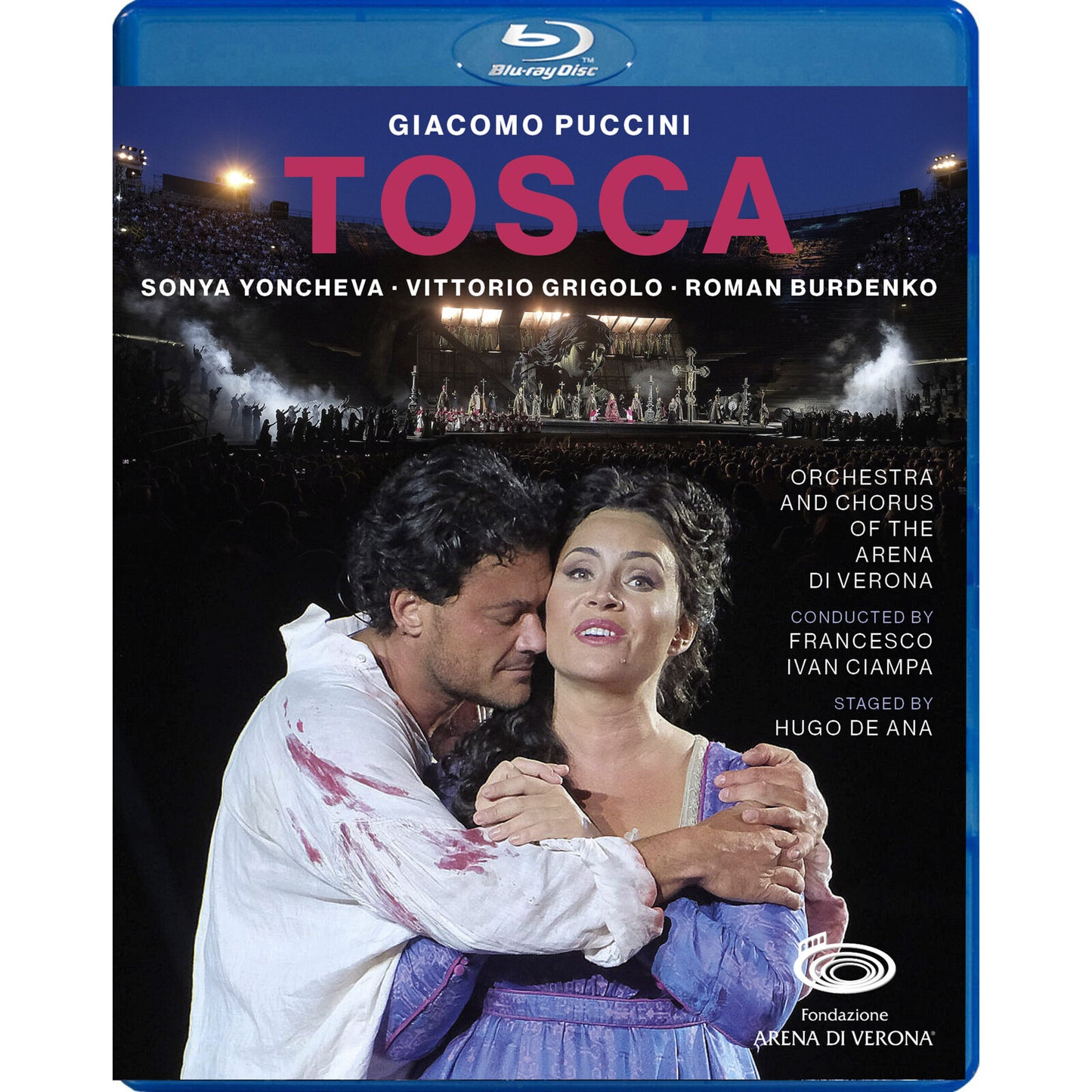 Blu-ray cover for Puccini’s Tosca, showing two opera singers embracing.