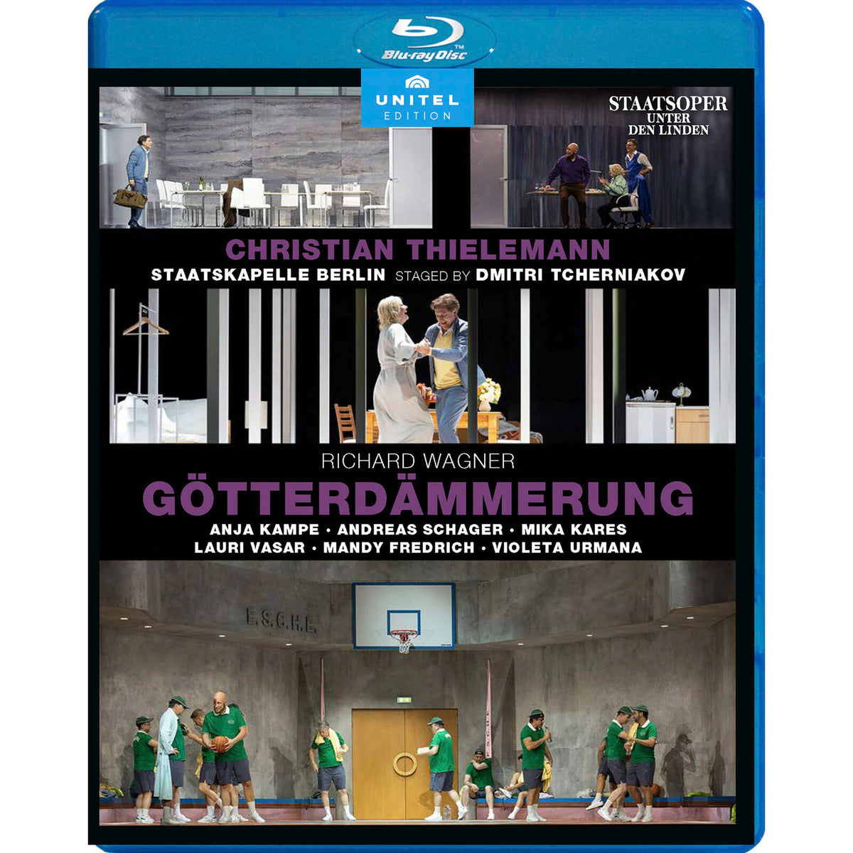 Blu-ray cover for Wagner’s *Götterdämmerung* opera with stage imagery and cast names.