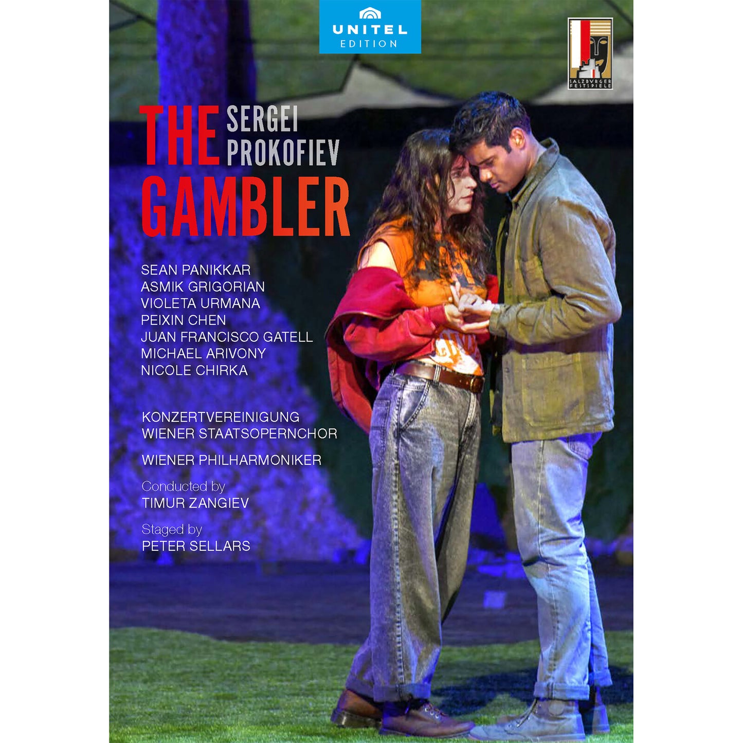 DVD cover for Prokofiev’s “The Gambler” opera featuring two men in coats.