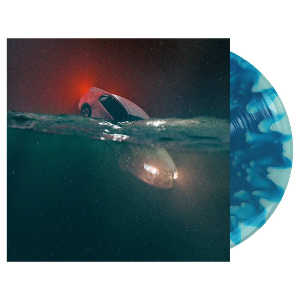 Vinyl record cover with underwater car image and blue splatter disc.