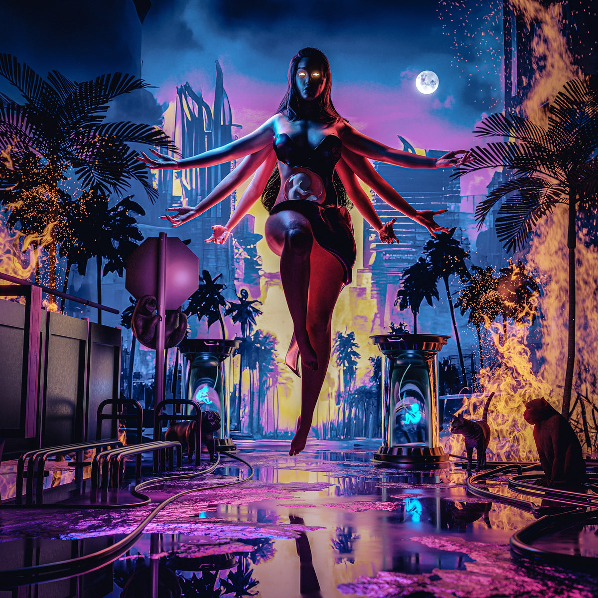 CD cover art: multi-armed figure in a neon, dystopian cityscape.