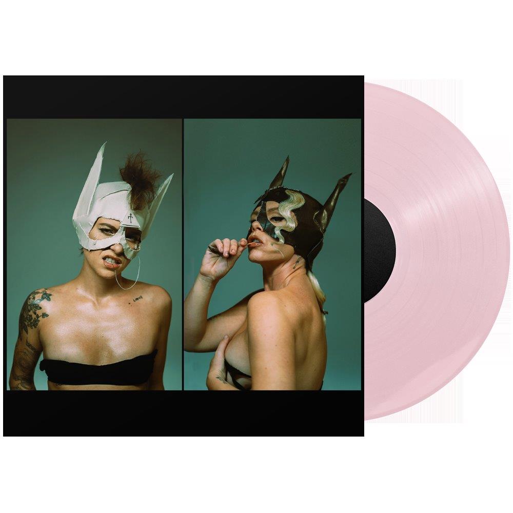 Record cover featuring two people in masks, with a pink vinyl record.