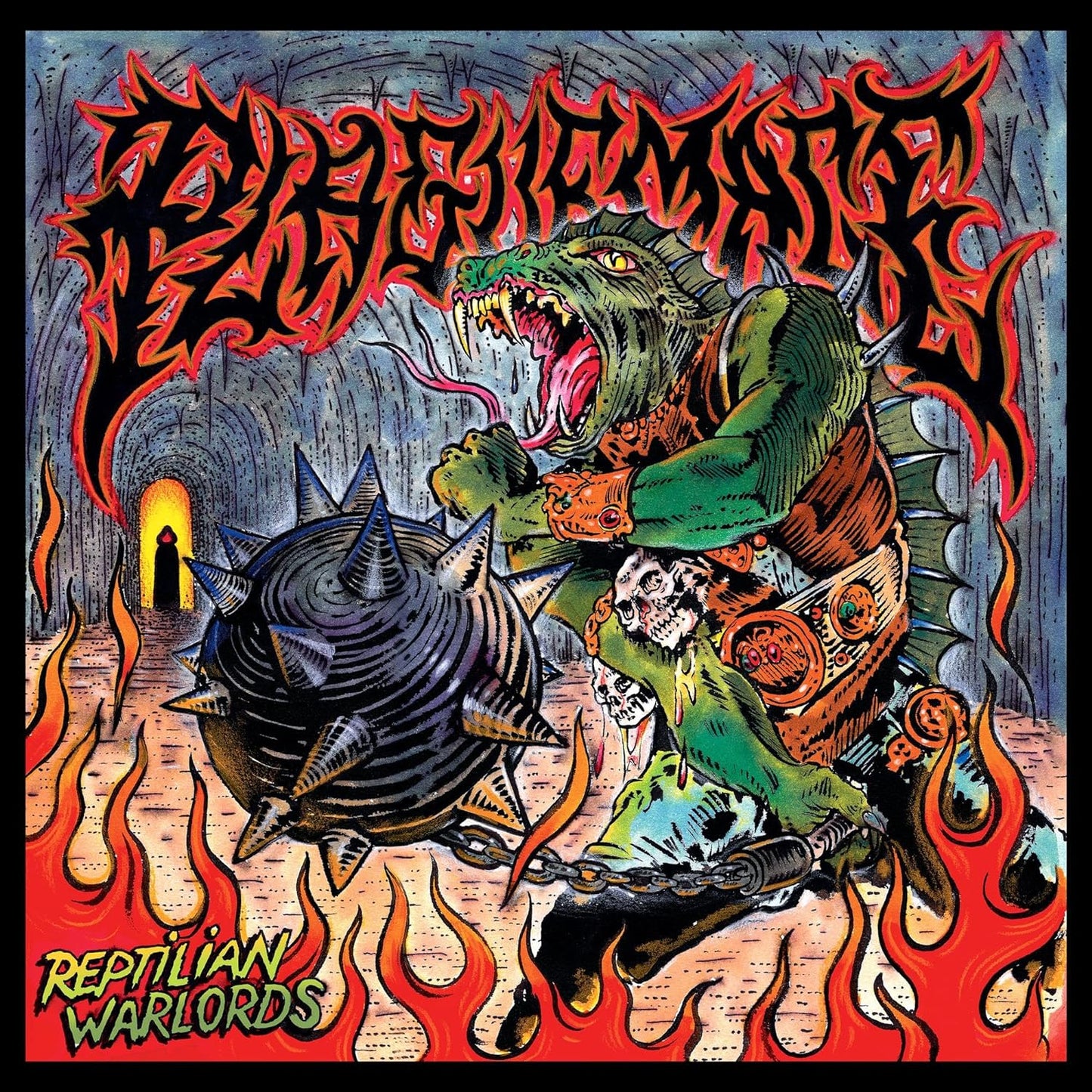 CD cover: green dragon with skulls, flames, and spiked shield.