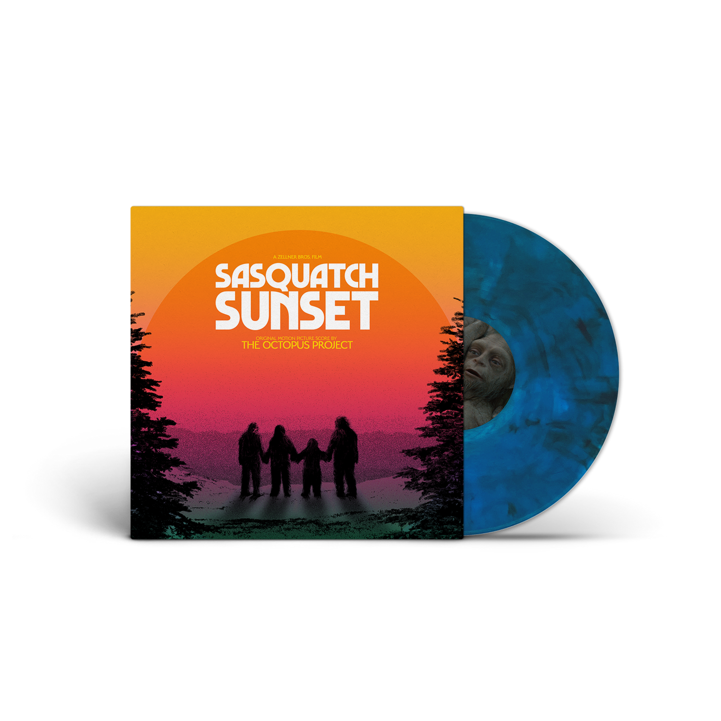 Vinyl record for “Sasquatch Sunset” soundtrack, with orange and blue disc.