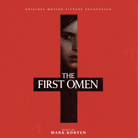 Red album cover for "The First Omen" soundtrack with a cross and face.