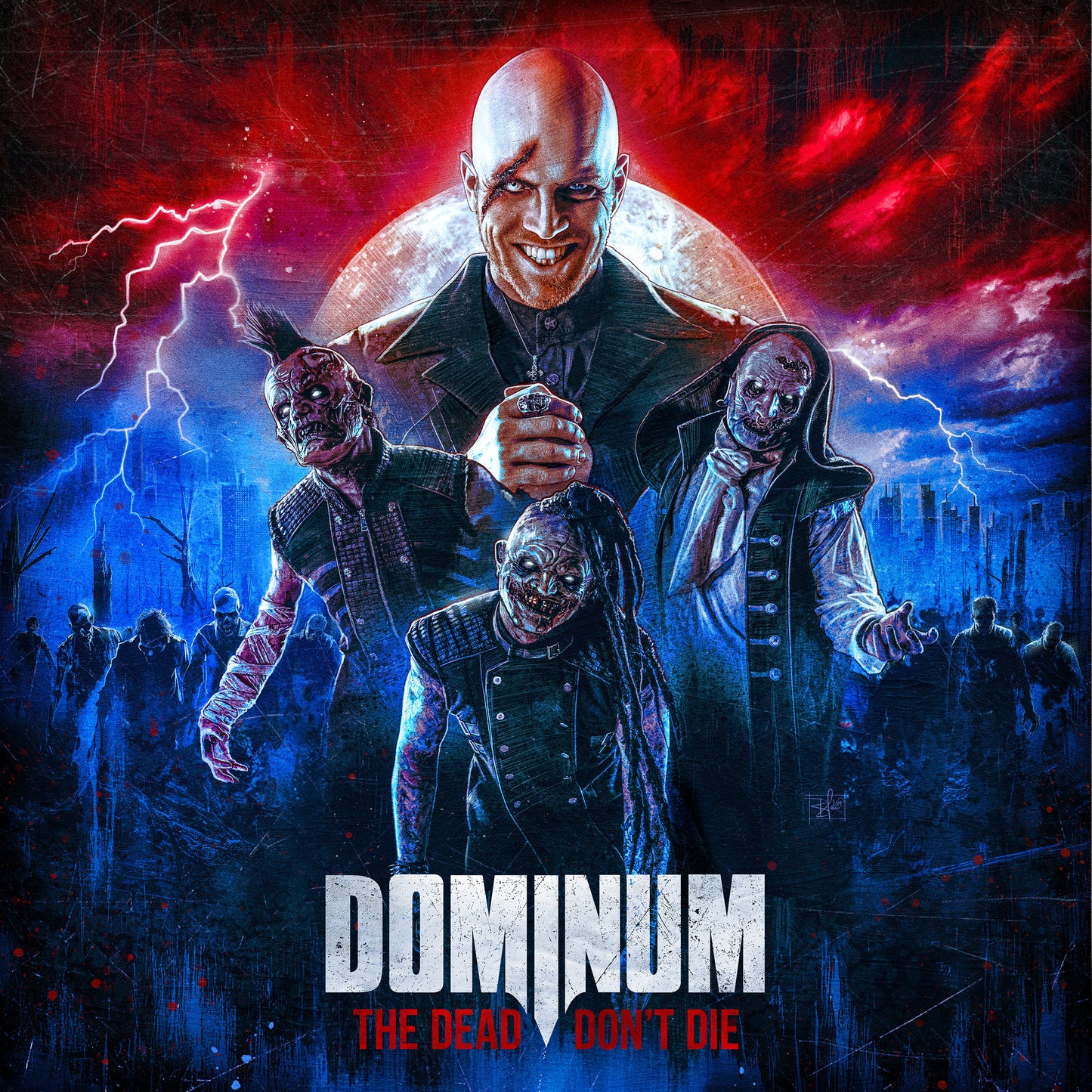 A bald man and three zombies stand before a red moon and lightning-filled sky.