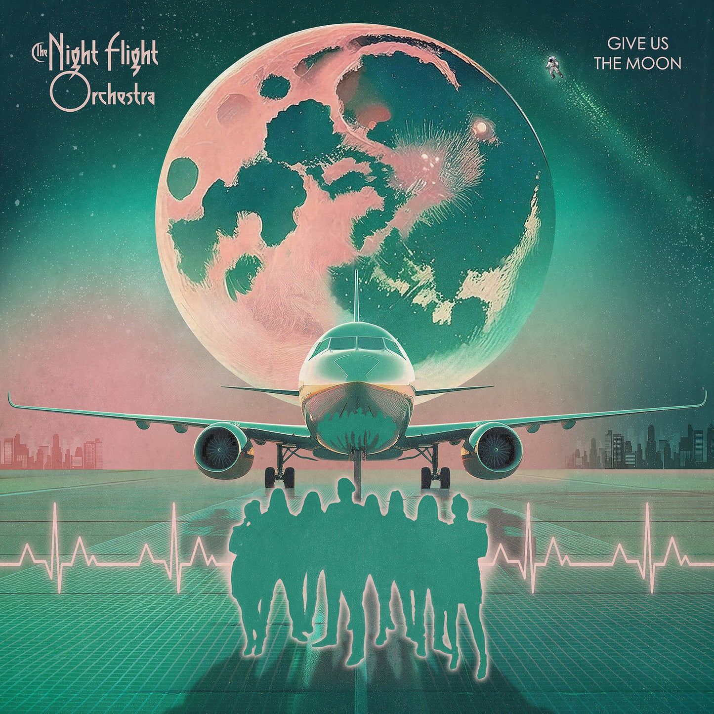 Album cover: airplane flying towards a glowing Earth over a city.