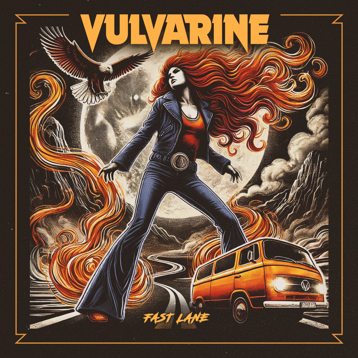 Album cover: woman, eagle, van, and flames in a vintage illustration style.