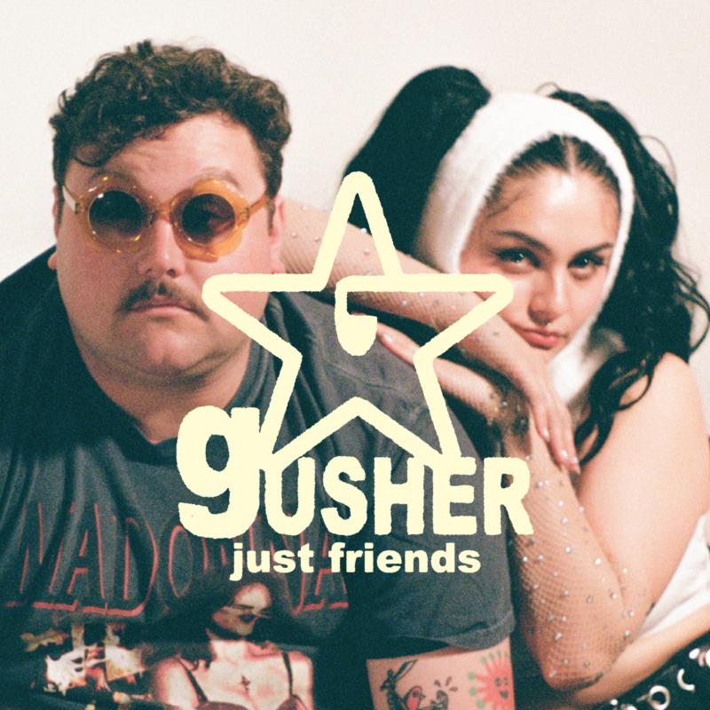 Album cover for "Gusher" by Just Friends, featuring two faces and a star.