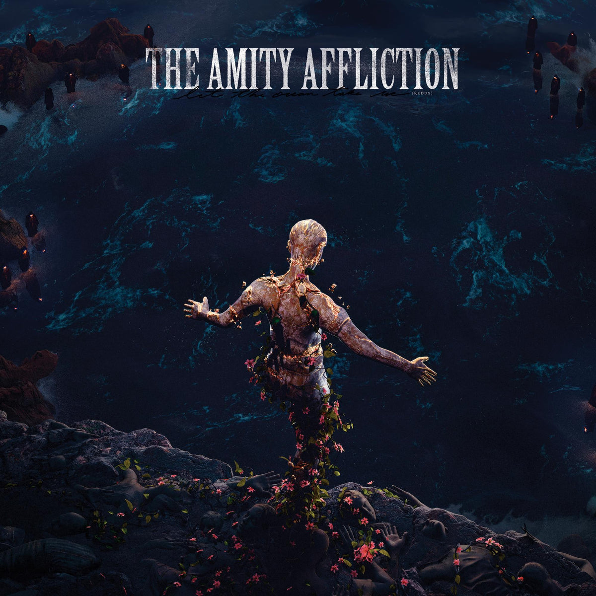 Album cover: Backless figure amidst stormy ocean and rocky shore.