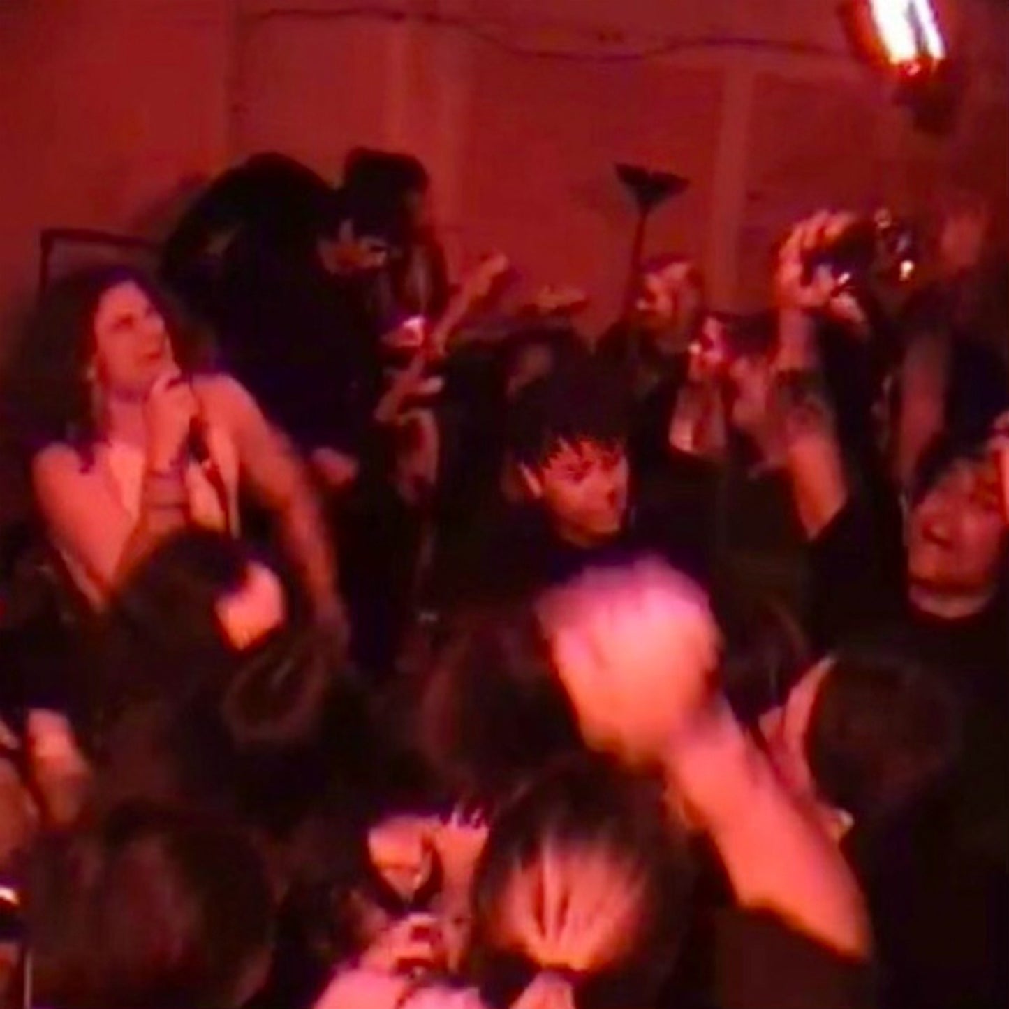 Red-toned concert crowd with performers visible, hands raised in the air.