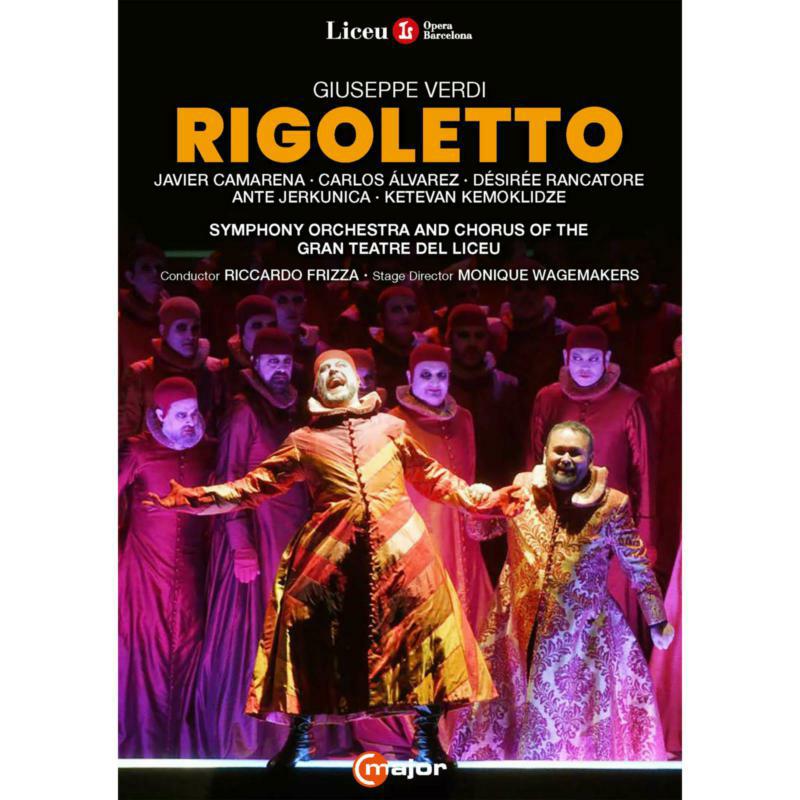 DVD cover for Giuseppe Verdi’s opera Rigoletto, featuring performers and stage imagery.