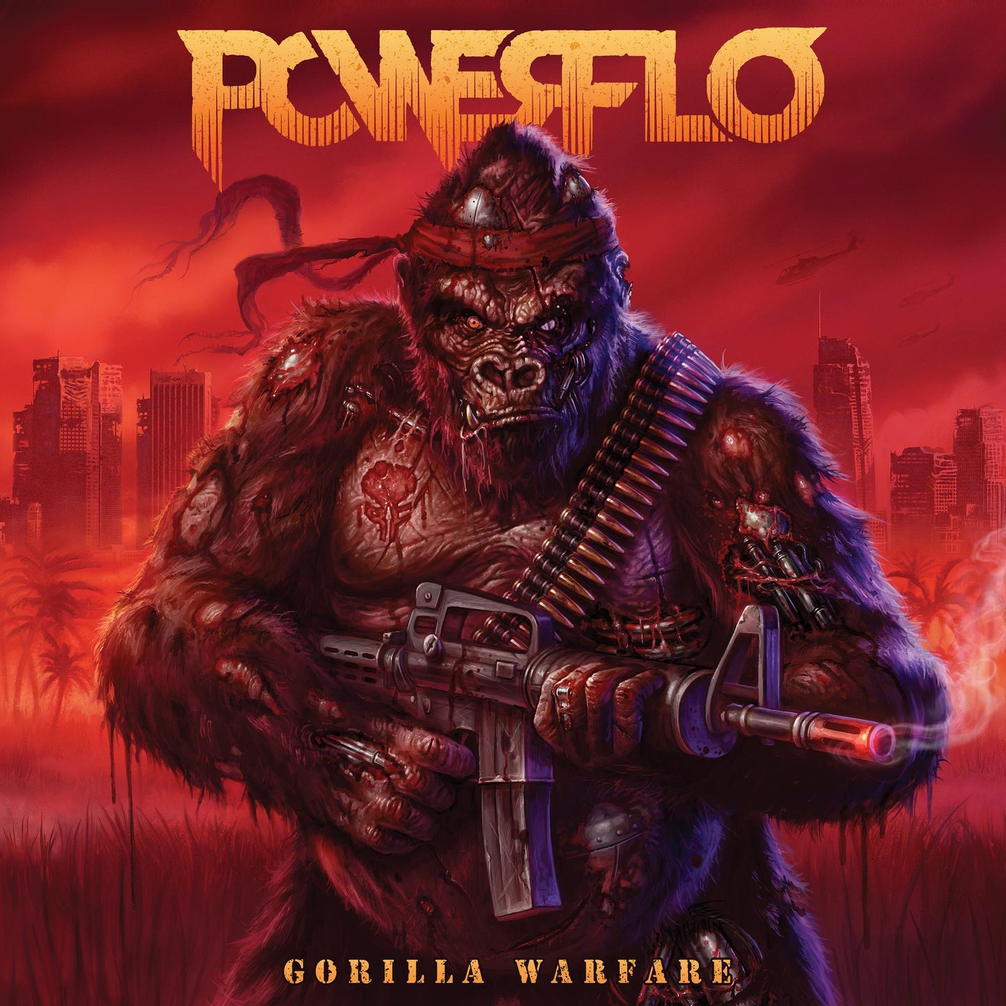 CD cover: gorilla with weapons, cityscape background, red color scheme.