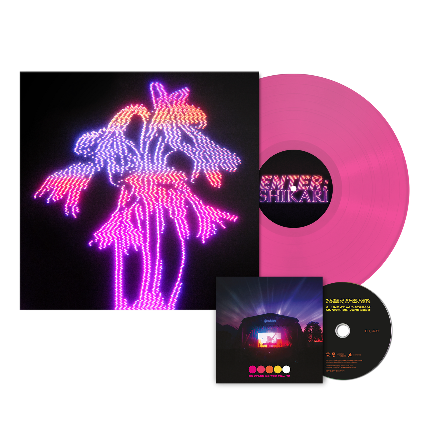Neon pink vinyl record and Blu-ray with illuminated horse artwork.